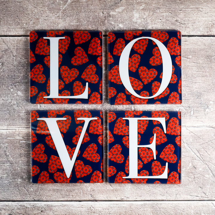SALE - Moroccan Flower Hearts Square Glass Coasters - LOVE set