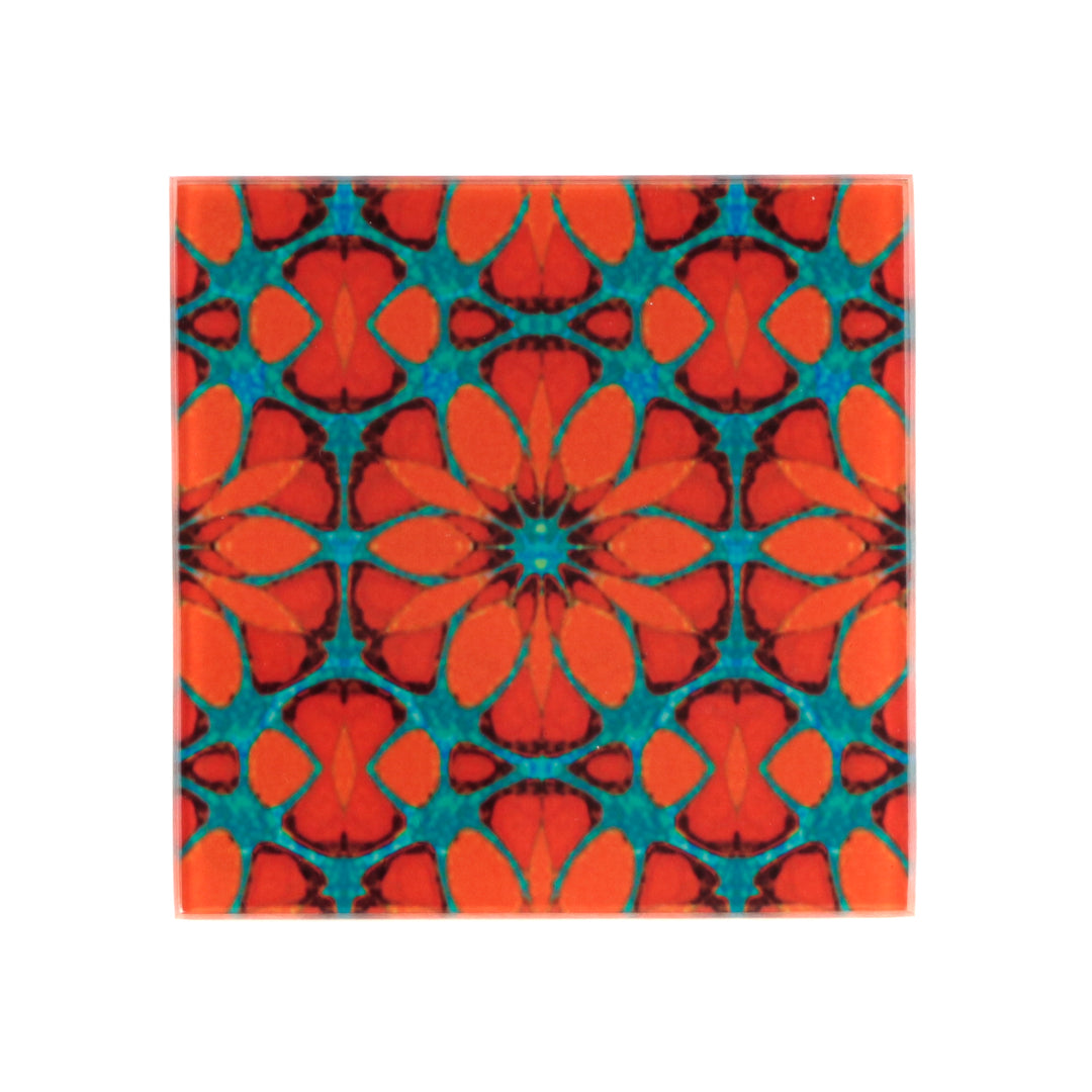 "Red Poppy" - Moroccan Flower - Glass Coaster Set