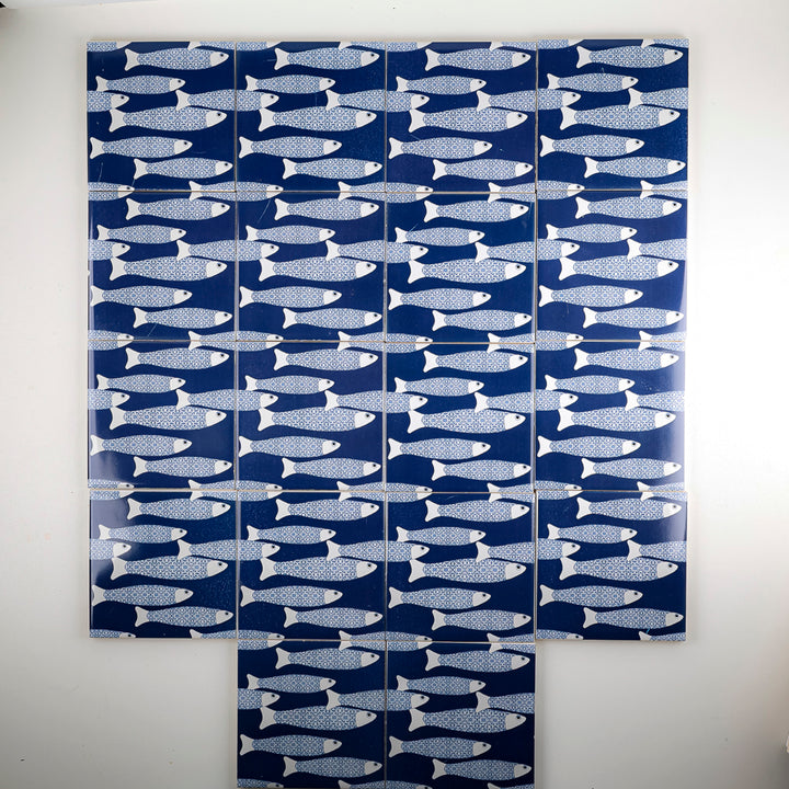 SALE SET of 18x 10cm Fired Ink tiles Navy Blue Ocean Shoal - Seconds