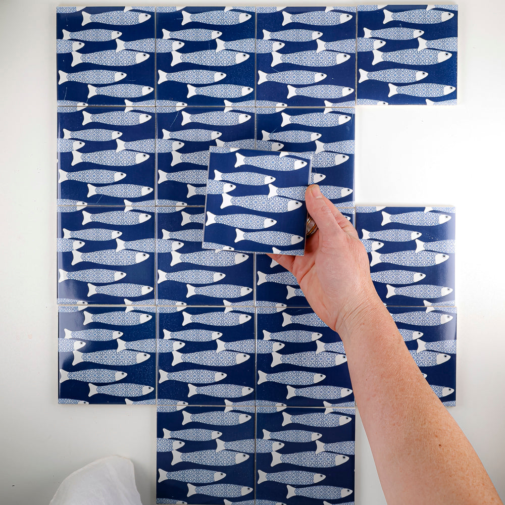 SALE SET of 18x 10cm Fired Ink tiles Navy Blue Ocean Shoal - Seconds