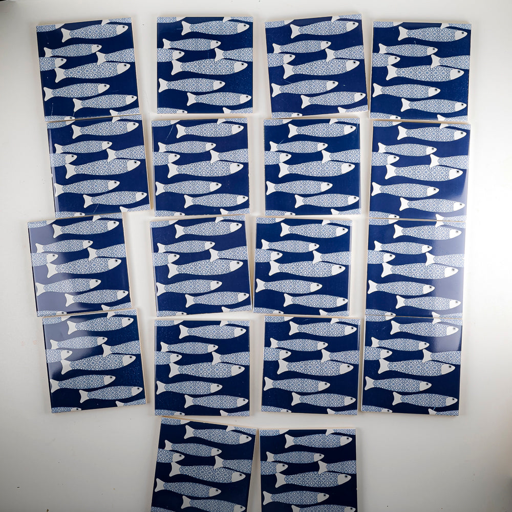 SALE SET of 18x 10cm Fired Ink tiles Navy Blue Ocean Shoal - Seconds
