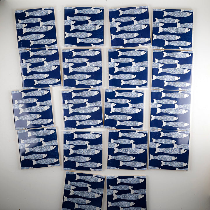 SALE SET of 18x 10cm Fired Ink tiles Navy Blue Ocean Shoal - Seconds