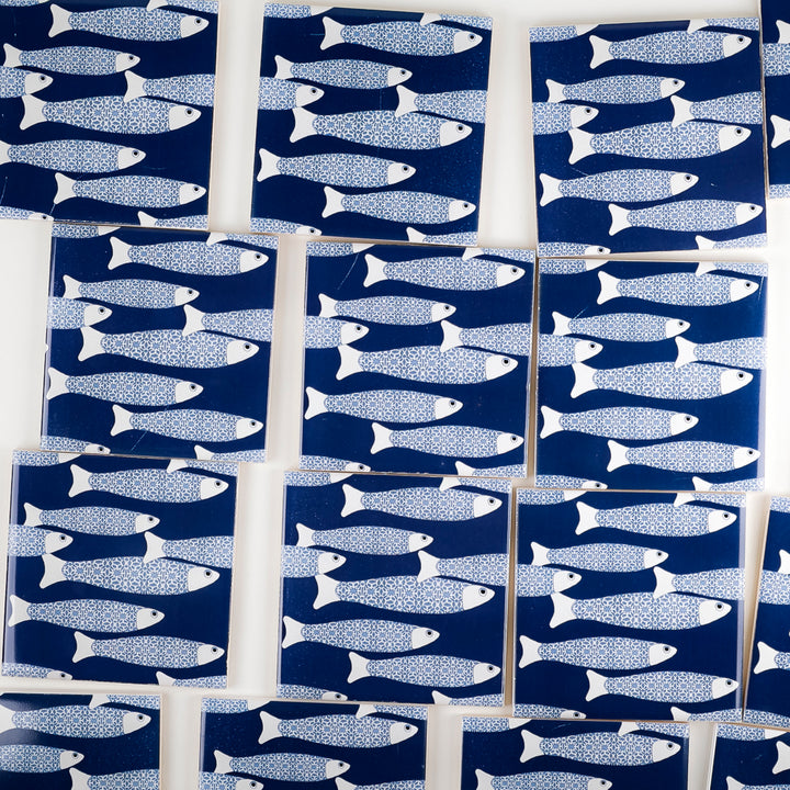 SALE SET of 18x 10cm Fired Ink tiles Navy Blue Ocean Shoal - Seconds