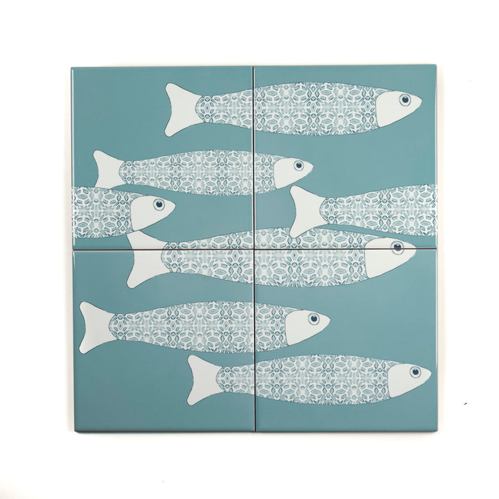 SALE Ocean Shoal tile - SET OF 4 x 15.2cm (6in)-  Grey Blue - Large Scale BORDER version