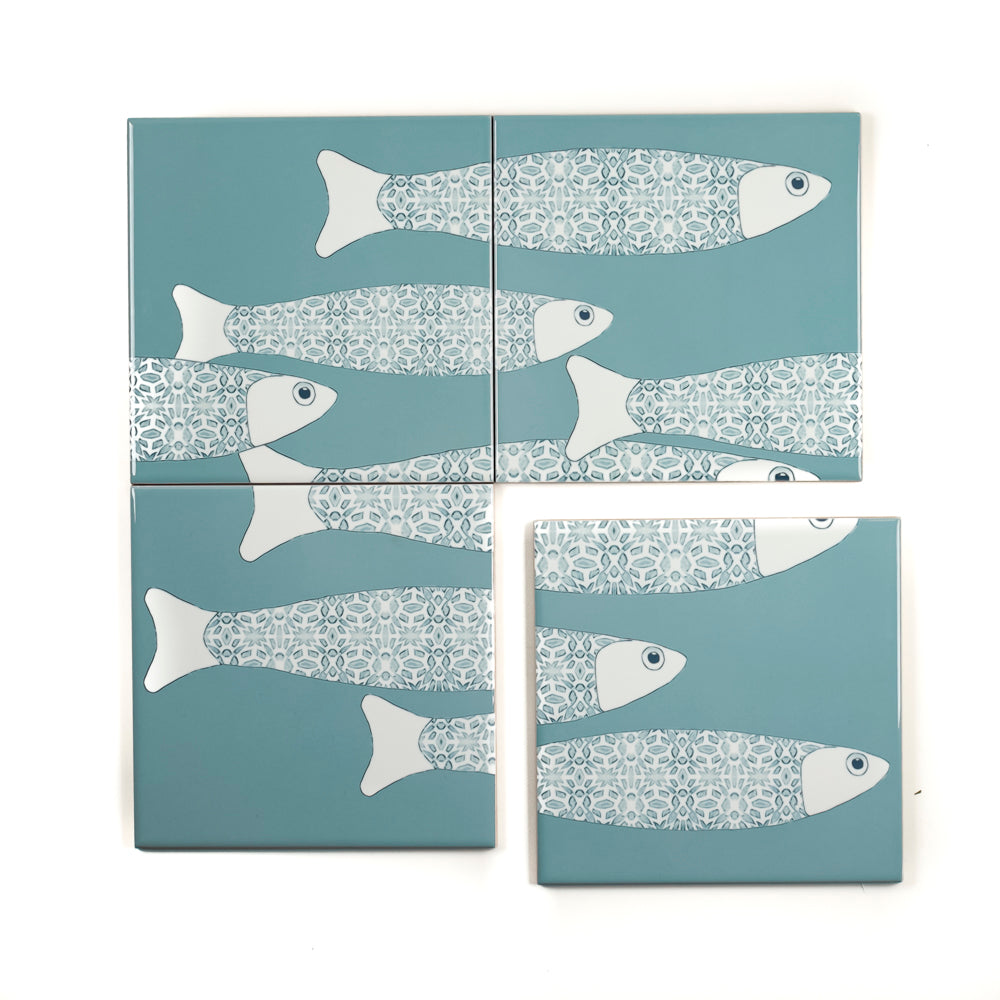 SALE Ocean Shoal tile - SET OF 4 x 15.2cm (6in)-  Grey Blue - Large Scale BORDER version