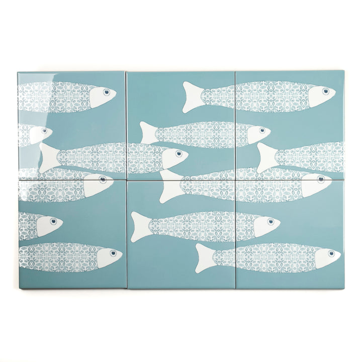 SALE Ocean Shoal tile - SET OF 4 x 15.2cm (6in)-  Grey Blue - Large Scale BORDER version