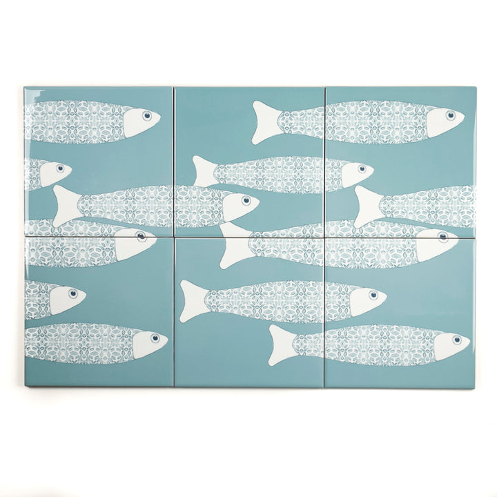 SALE Ocean Shoal tile - SET OF 4 x 15.2cm (6in)-  Grey Blue - Large Scale BORDER version