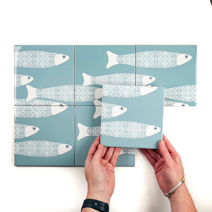SALE Ocean Shoal tile - SET OF 4 x 15.2cm (6in)-  Grey Blue - Large Scale BORDER version