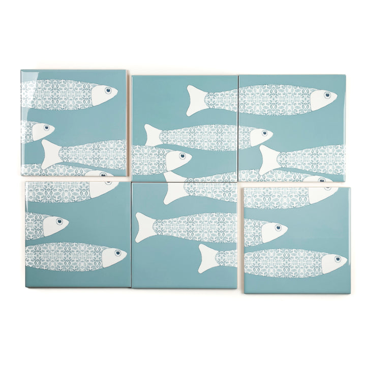 SALE Ocean Shoal tile - SET OF 4 x 15.2cm (6in)-  Grey Blue - Large Scale BORDER version
