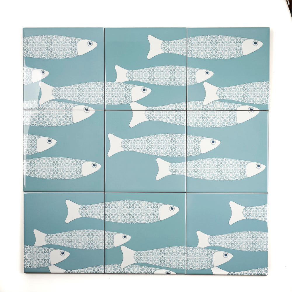 SALE Ocean Shoal tile - SET OF 4 x 15.2cm (6in)-  Grey Blue - Large Scale BORDER version