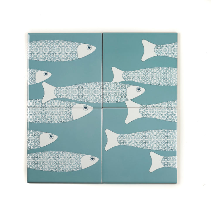 SALE Ocean Shoal tile - SET OF 4 x 15.2cm (6in)-  Grey Blue - Large Scale BORDER version
