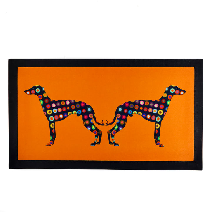 Greyhound Pet Food Mat - spotty on orange