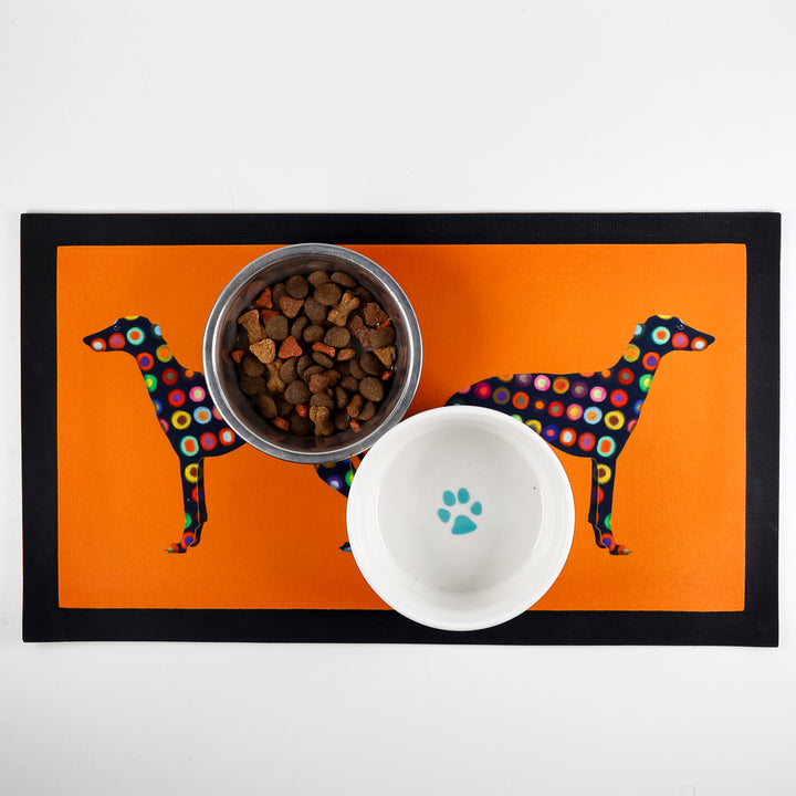Greyhound Pet Food Mat - spotty on orange