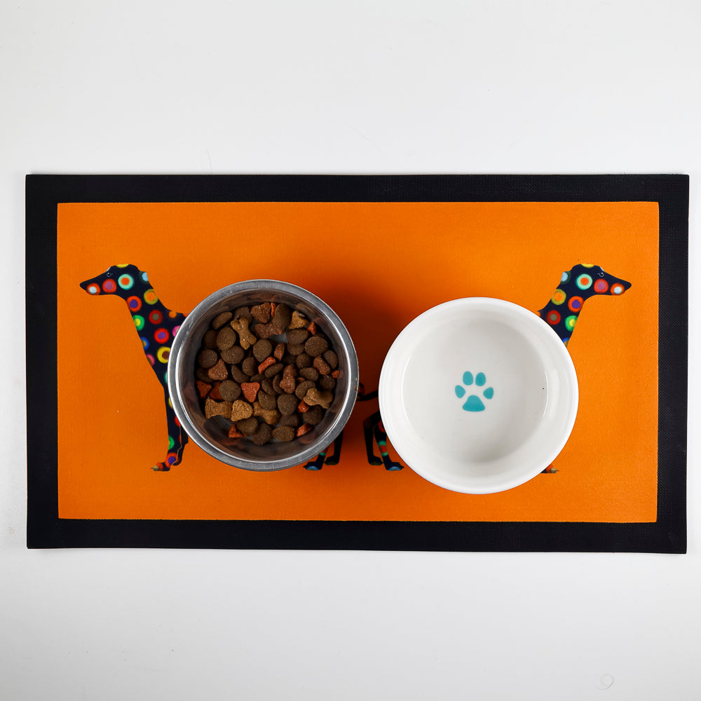 Greyhound Pet Food Mat - spotty on orange