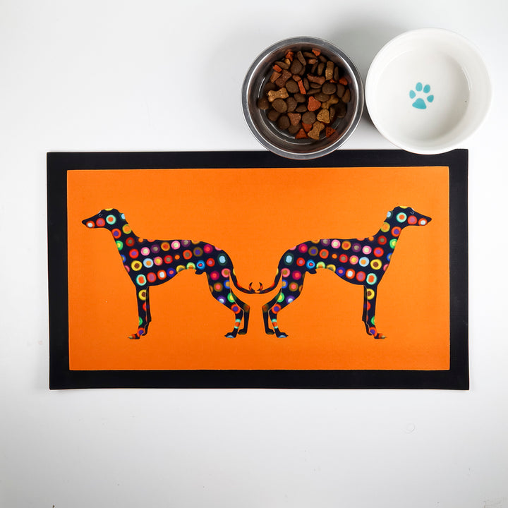 Greyhound Pet Food Mat - spotty on orange