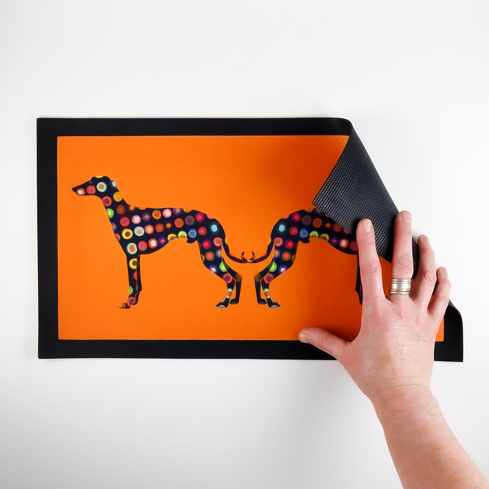 Greyhound Pet Food Mat - spotty on orange