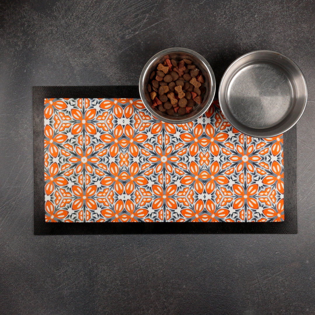 Orange Fox Flower Pet Food Mat