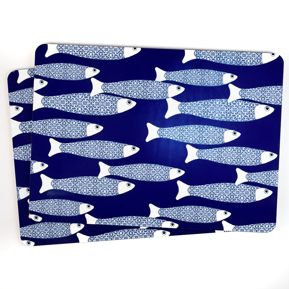 SALE SECONDS - 2x Cork Placemats - Navy Blue Ocean Shoal design
