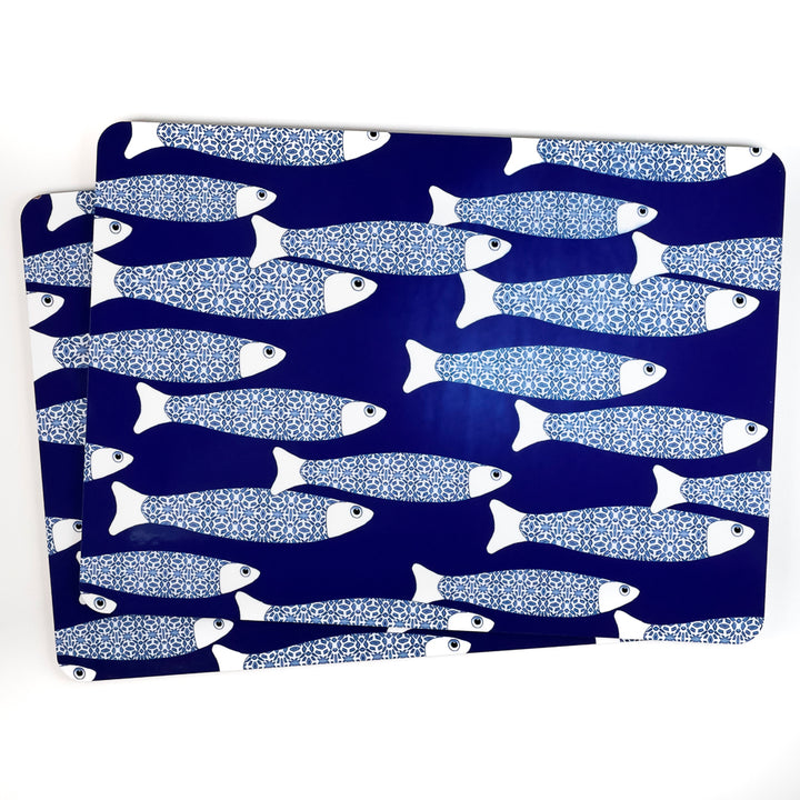 SALE SECONDS - 2x Cork Placemats - Navy Blue Ocean Shoal design