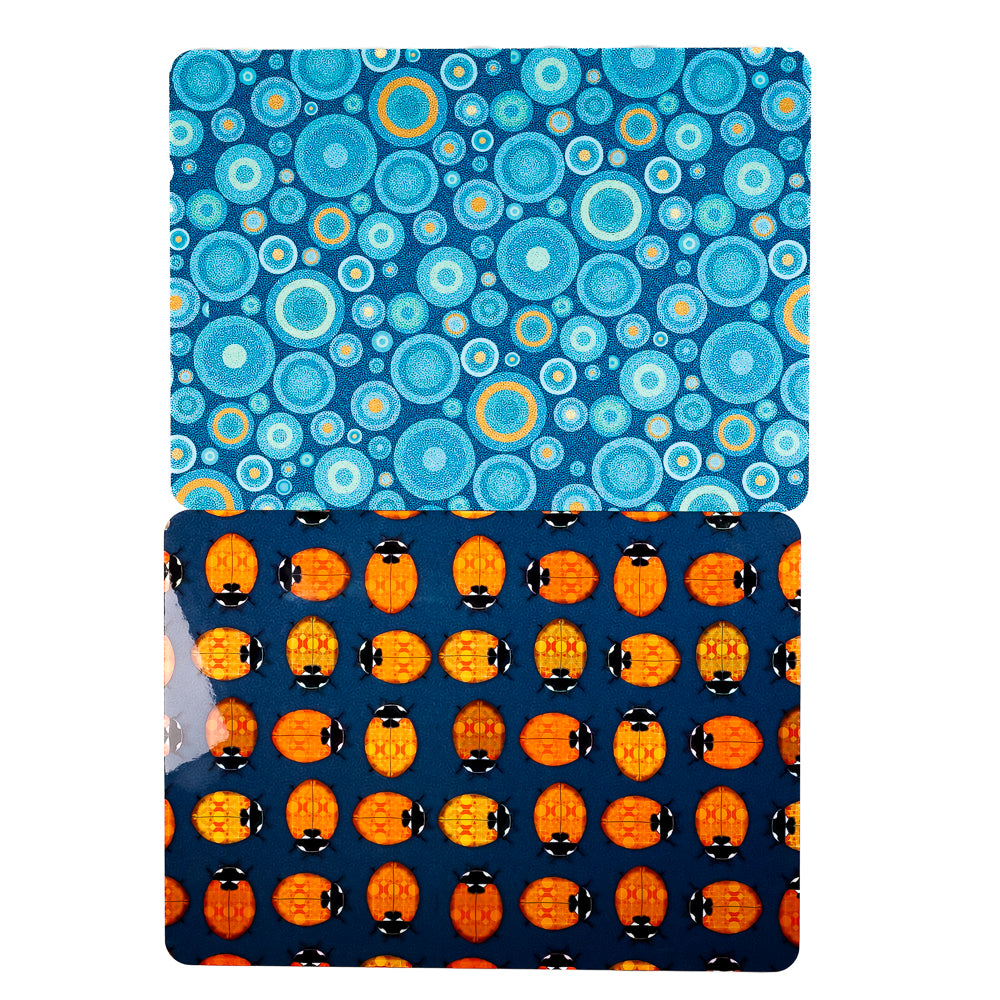 SALE 2x Cork Placemats - Lanternbugs &amp; Blue Orange Circles