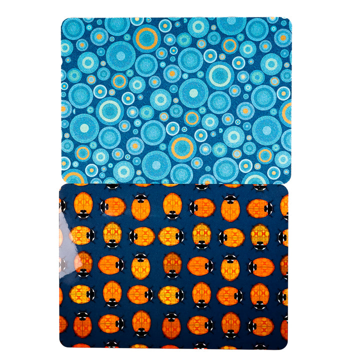 SALE 2x Cork Placemats - Lanternbugs &amp; Blue Orange Circles