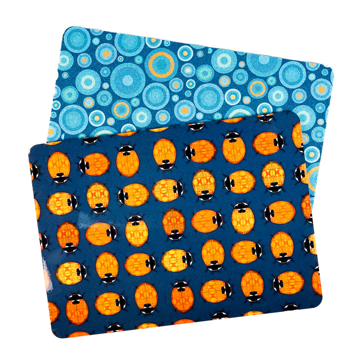 SALE 2x Cork Placemats - Lanternbugs &amp; Blue Orange Circles