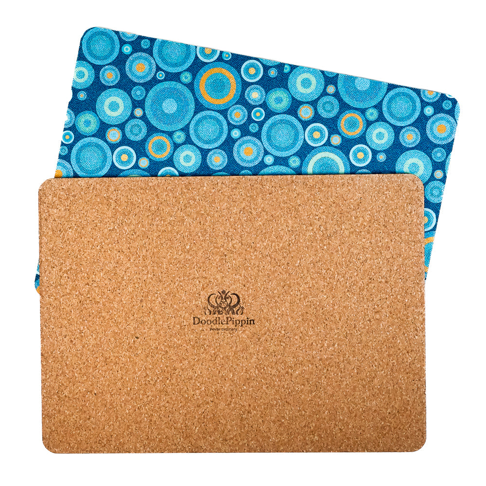SALE 2x Cork Placemats - Lanternbugs &amp; Blue Orange Circles