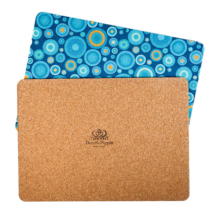 SALE 2x Cork Placemats - Lanternbugs &amp; Blue Orange Circles