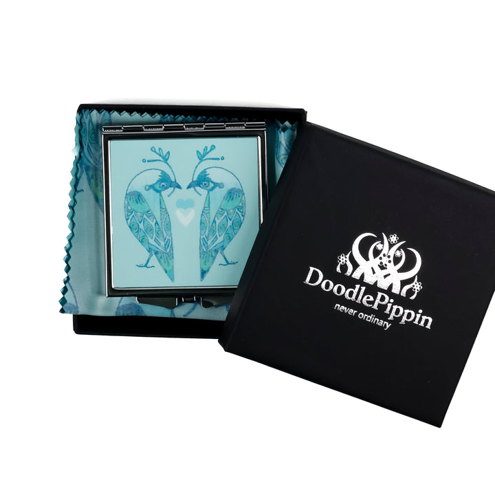 Lovebirds Folding Mirror and Lens Cloth - Blue Lovebirds
