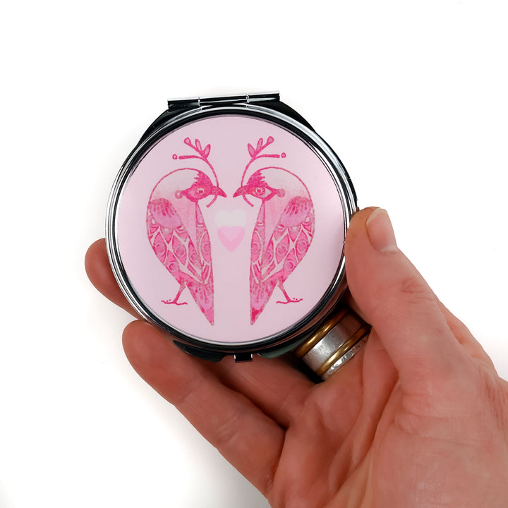 Lovebirds Folding Mirror and Lens Cloth - Pink Lovebirds with Heart