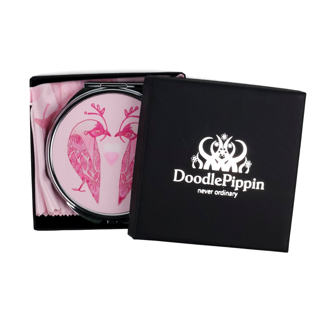 Lovebirds Folding Mirror and Lens Cloth - Pink Lovebirds with Heart