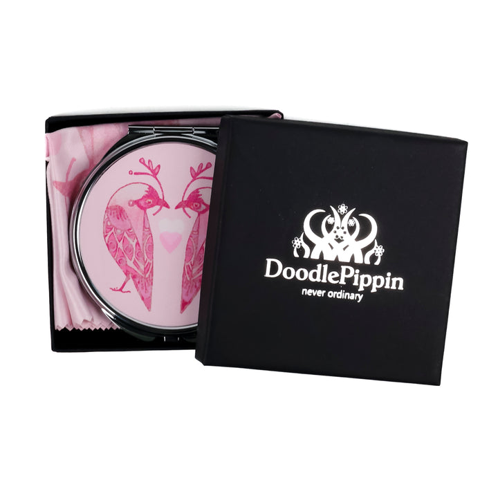 Lovebirds Folding Mirror and Lens Cloth - Pink Lovebirds with Heart