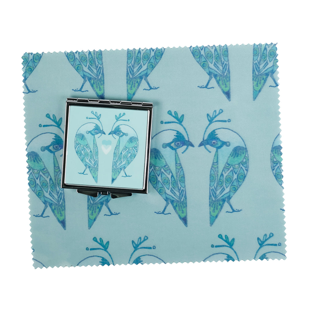 Lovebirds Folding Mirror and Lens Cloth - Blue Lovebirds