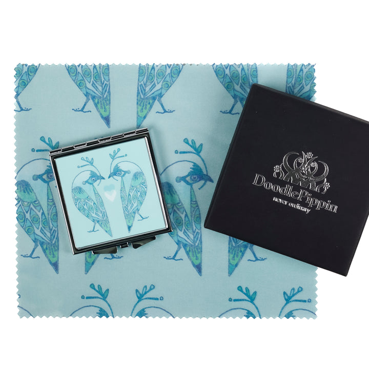 Lovebirds Folding Mirror and Lens Cloth - Blue Lovebirds