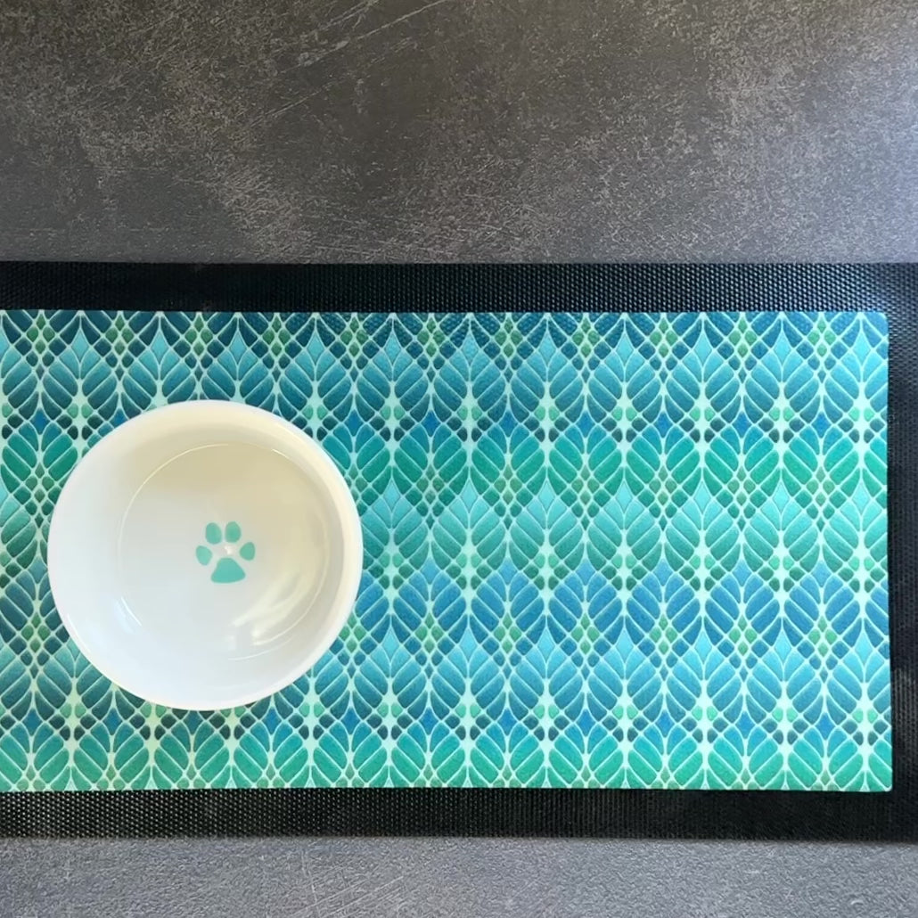Interwoven Trees Pet Food Placemat - Blues &amp; Turquoises