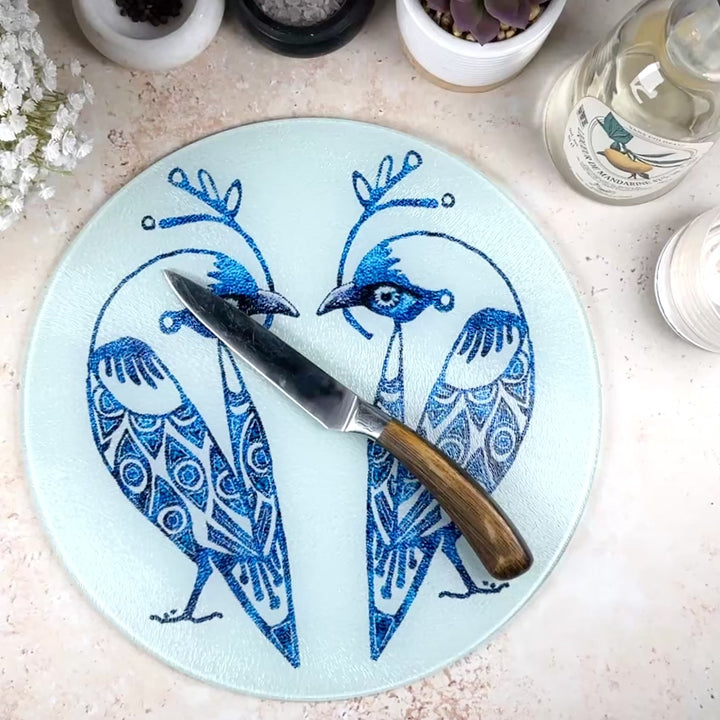 Blue &amp; White Lovebirds Chopping Board (circular)