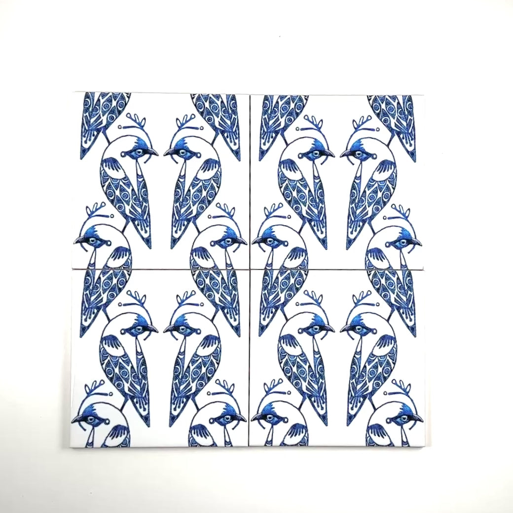 Lovebirds Tile - Blue &amp; White