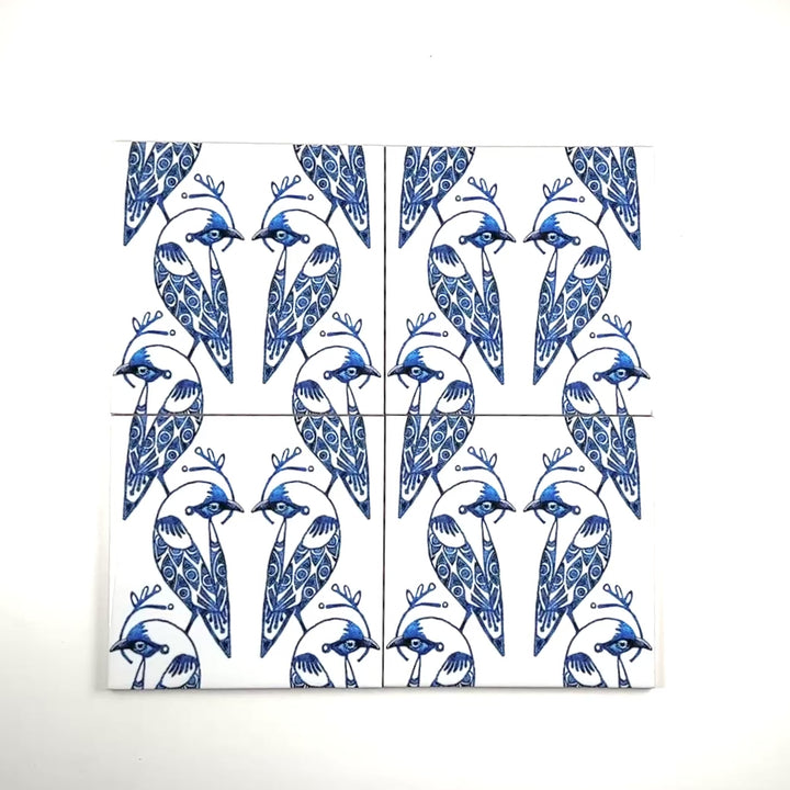 Lovebirds Tile - Blue &amp; White