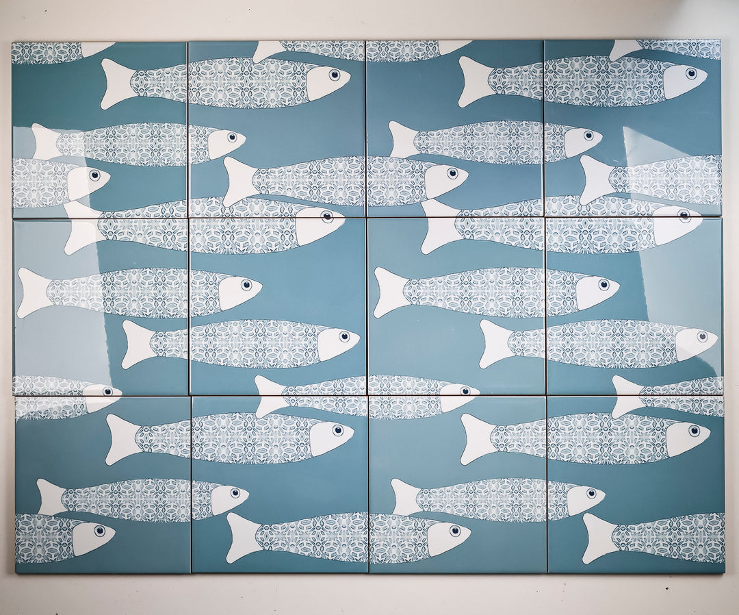 SALE SET of 12x 15.2cm Ocean Shoal tile - Grey Blue - Large Scale