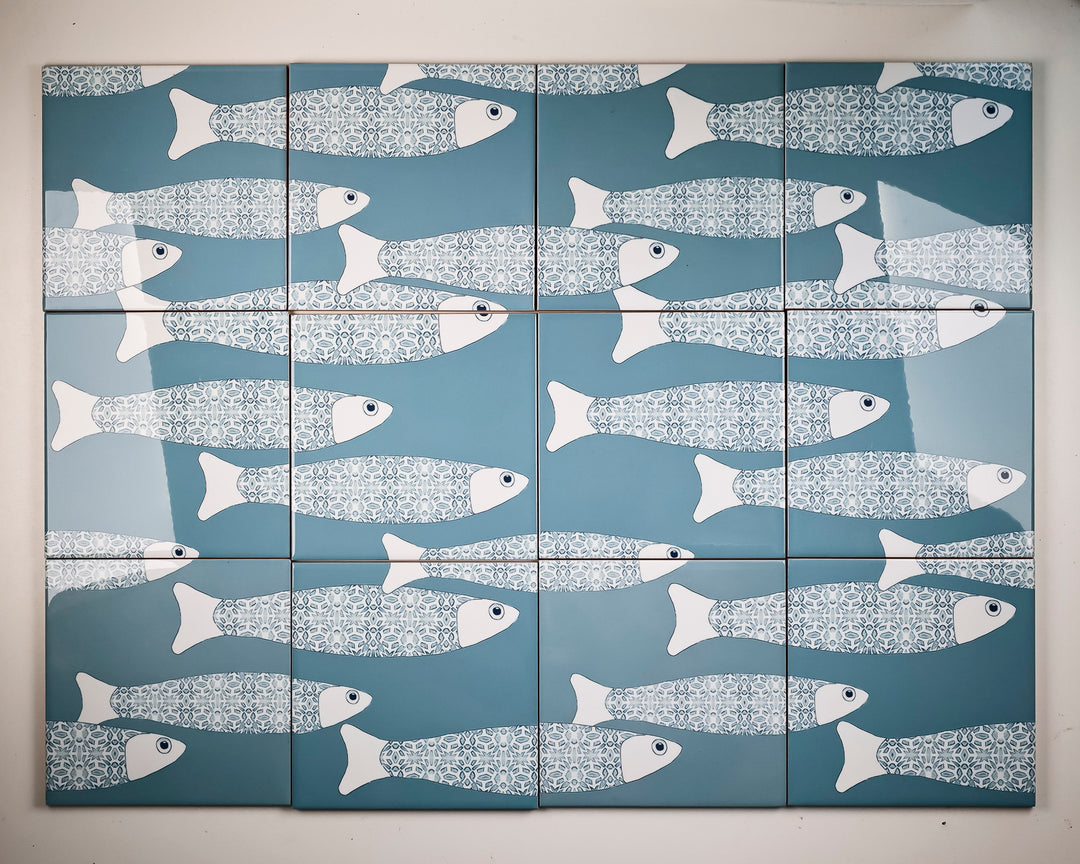 SALE SET of 14x 15.2cm Ocean Shoal tile - Grey Blue - Large Scale