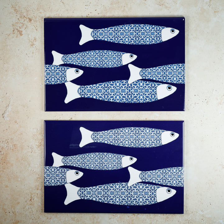 SALE SECONDS SET of 4x Navy Blue Ocean Shoal - Large Rectangular Tile - 30x20cm