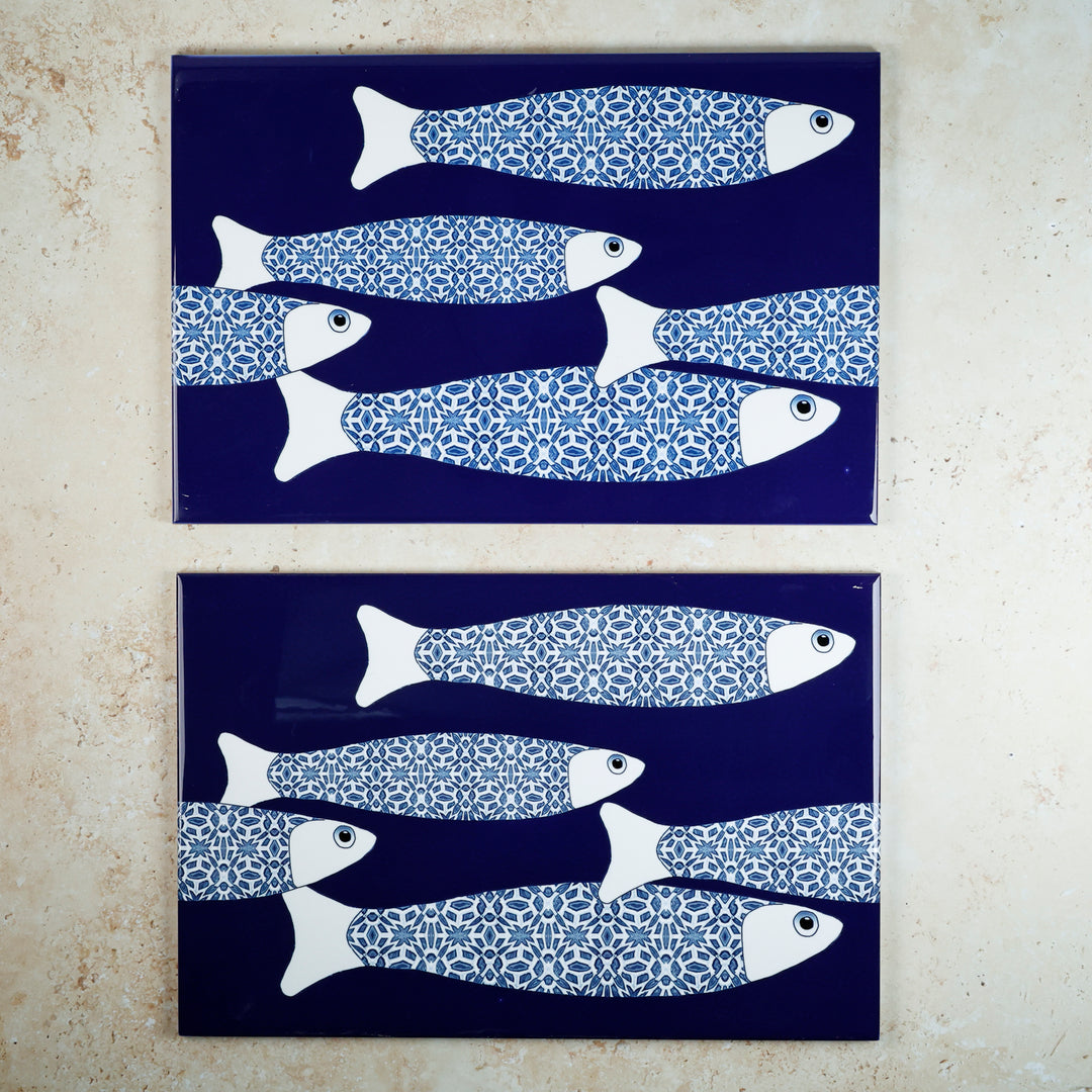 SALE SECONDS SET of 4x Navy Blue Ocean Shoal - Large Rectangular Tile - 30x20cm