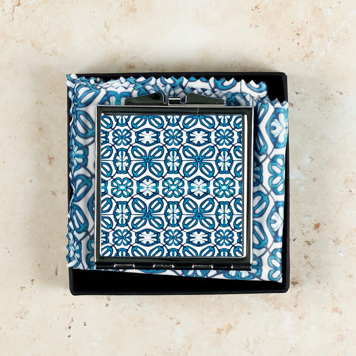 SALE - Blue Turkish Flower Compact Folding Mirror (Square)