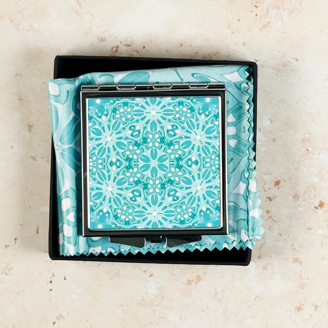 Turquoise Blue Turkish Flower Compact Folding Mirror