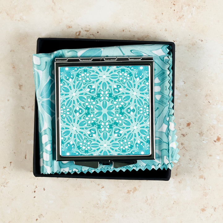 Turquoise Blue Turkish Flower Compact Folding Mirror