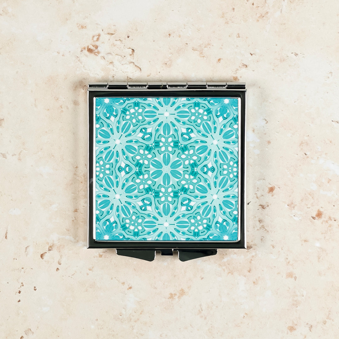 Turquoise Blue Turkish Flower Compact Folding Mirror