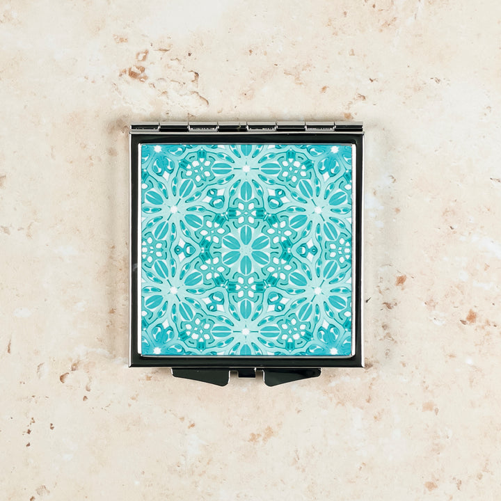Turquoise Blue Turkish Flower Compact Folding Mirror