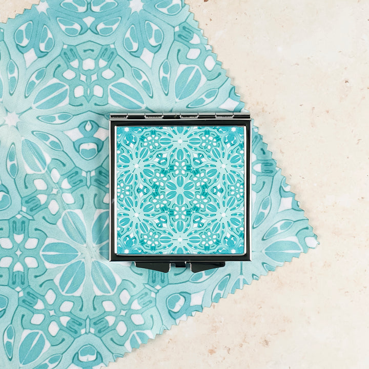 Turquoise Blue Turkish Flower Compact Folding Mirror