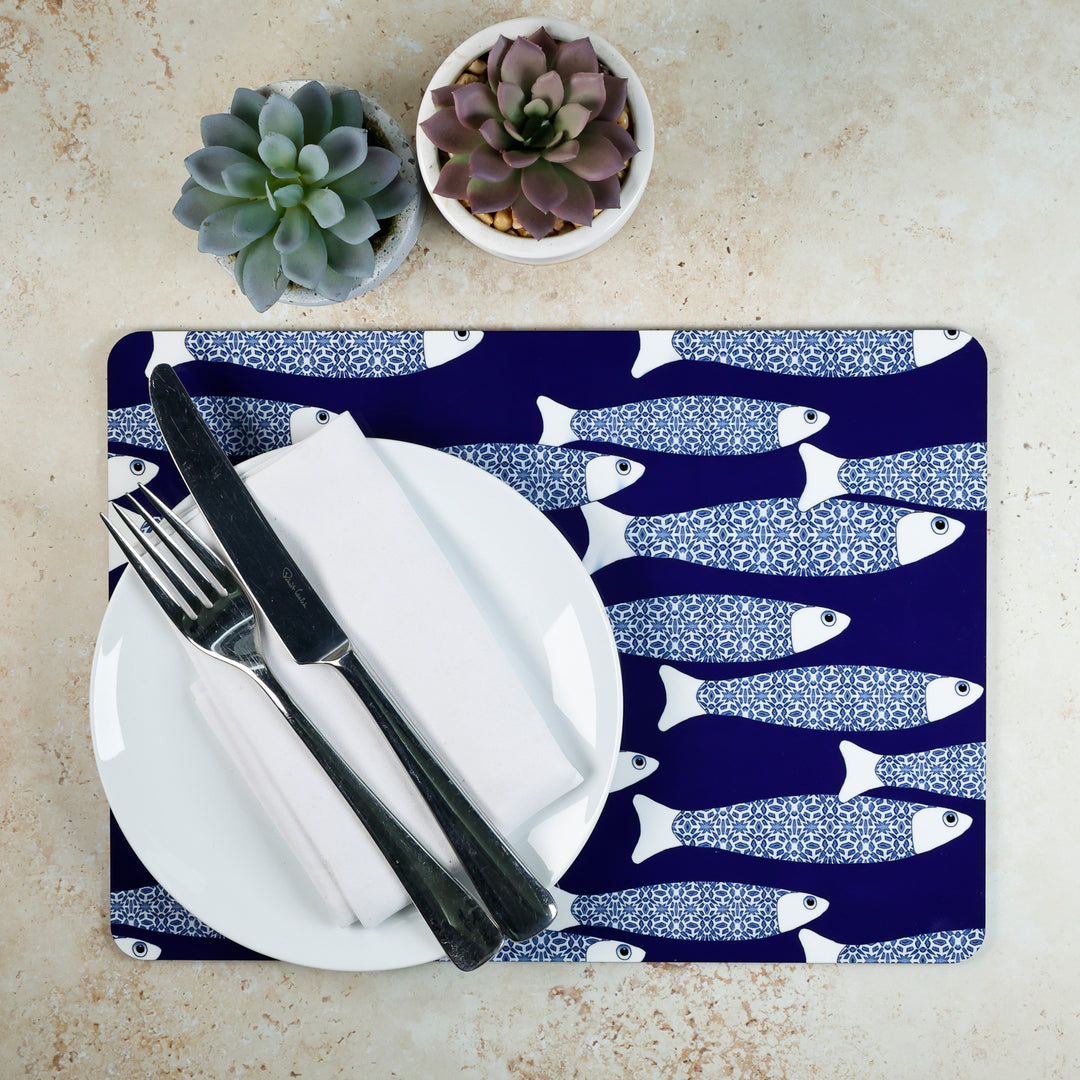SALE SECONDS - 2x Cork Placemats - Navy Blue Ocean Shoal design