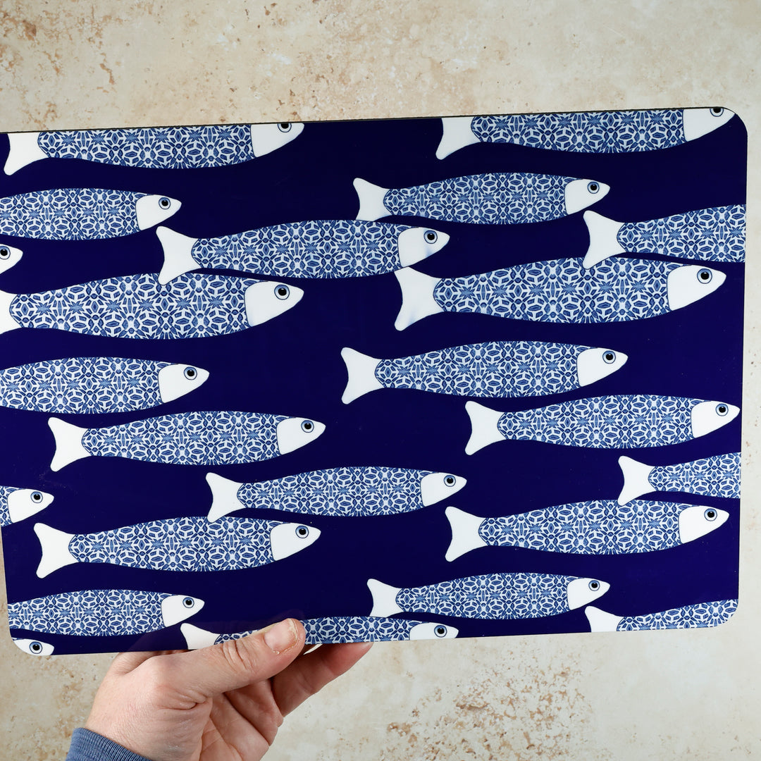 SALE SECONDS - 2x Cork Placemats - Navy Blue Ocean Shoal design